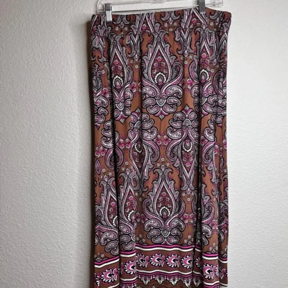 Bob Mackie Paisley Midi Skirt L Boho Chic Stretch Pull-On Pink Brown